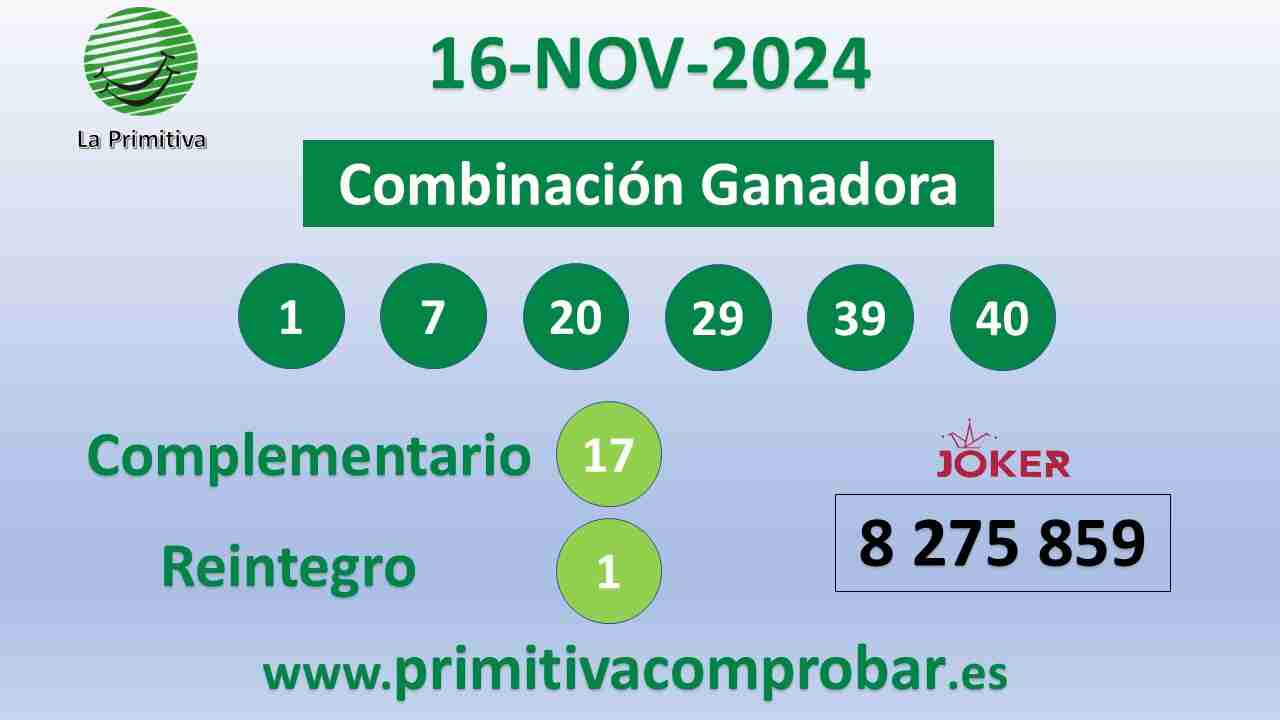 Primitiva del Sábado 16 de Noviembre de 2024